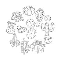Composition of cacti in a circle shape in doodle style. illustration isolated on white background. vector