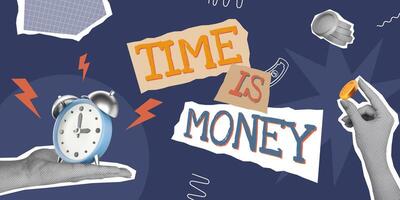 Time is money business concept banner. Trendy halftone collage with hands, 3D rendering alarm clock and coins vector