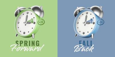 Daylight Saving Time concept with 3D alarm clock. Set with text spring forward and fall back, green and blue colors vector