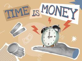 Trendy halftone collage, time is money concept. Hand holds 3D rendering alarm clock. Business design for web design, presentation, social media vector