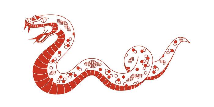 Red linear snake with ornament. Symbol of 2025 Lunar New Year isolated on white background. Editable stroke decorative element for festive design vector