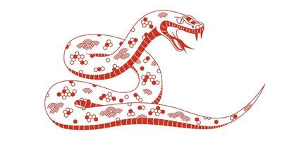 Red linear chinese snake with ornament. Symbol of 2025 Lunar New Year isolated on white background. Decorative reptile for festive design, poster, banner, sticker. Editable stroke vector