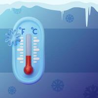 Cold warning, low temperature copy space design. 3D realistic thermometer with snowflake on blue background vector