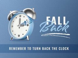 Daylight saving time ends illustration. 3D alarm clock on gradient blue halftone textured background. Fall Back time vector
