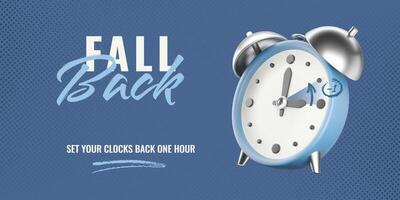 Daylight saving time ends banner. Isolated 3D realistic alarm clock on blue halftone textured background, charcoal arrow and underline. Fall Back time 2024 vector