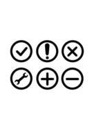 A set of black and white icons that include a wrench, check mark, and cross vector