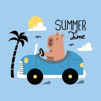 Cute capybara driving car illustration with tshirt design vector