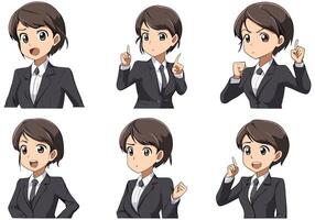 character sheet of business woman in multiple expressions. set of cartoon anime avatar emoji. vector