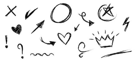 Hand drawn set of doodle emphasis design elements. Crown, arrow, heart, exclamation, star. used for infographic concept design vector
