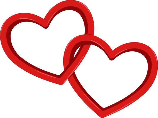 Two Crossed Red Heart shaped Rings Link Together
