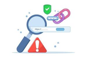 concept of protection system from malicious links. dangerous and suspicious url addresses. unsafe website addresses. chain with shield and warning sign. flat illustration. vector