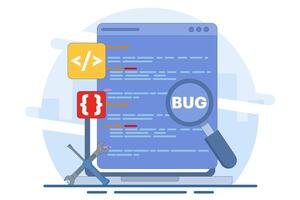 Bug Report Concept, bug magnifier on data software campaign. Computer bug detection. Bug error notification. System error alert. Testing software. Magnifier looking for malware. Flat illustration. vector