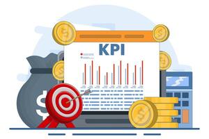 Technical concept of business key performance indicators or KPI, Performance evaluation and dynamics on dashboard, Strategy, Data Report, Efficient workflow. Flat illustration. vector