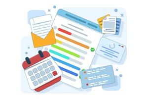 Task dashboard concept on laptop with calendar clipboard checklist. email campaign, social media marketing. Project management, work deadline concept. flat illustration. vector