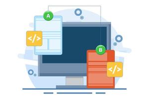 AB testing concept, Comparison of separate wireframe applications on smart device display, comparing test results between 2 website design pages. Flat illustration. vector