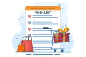 shopping wish list concept, online product wish list, gift and shopping list, my order list, add to cart, products in stock, retail store, e-commerce website, user account abstract metaphor. vector