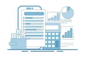 Budget tracker via device, Budgeting app manage finance by tracking income, designed to help spending, for website, homepage, landing page, template, banner in modern flat style. vector
