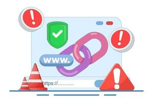 concept of protection system from malicious links. dangerous and suspicious url addresses. unsafe website addresses. chain with shield and warning sign. flat illustration. vector