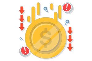 dollar currency depreciation concept. dollar value keeps decreasing. financial problems. dollar coin with down arrow and warning sign. flat style design illustration. vector