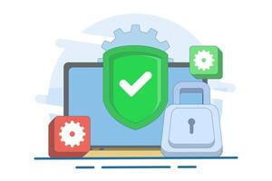 Computer security concept, Device security, PC protected with lock and shield, Firewall protection concept, Privacy access, Personal data, Secure system, Flat illustration template. vector