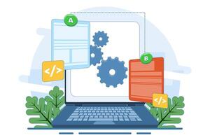 AB testing concept, Comparison of separate wireframe applications on smart device display, comparing test results between 2 website design pages. Flat illustration. vector