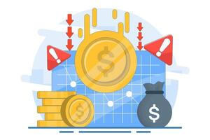 dollar currency depreciation concept. dollar value keeps decreasing. financial problems. dollar coin with down arrow and warning sign. flat style design illustration. vector