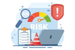 risk assessment concept with speedometer, Risk management. analyzing speedometer data, solving problems, creating recovery strategies. crisis management. Flat illustration template. vector