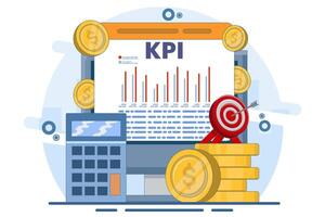 Technical concept of business key performance indicators or KPI, Performance evaluation and dynamics on dashboard, Strategy, Data Report, Efficient workflow. Flat illustration. vector