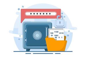 Concept of data encryption vault with password, encryption of personal data on internet resources. technology to protect privacy data. flat illustration on background. vector