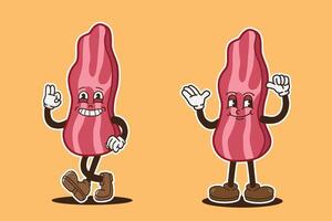 mascot character bacon with retro style, groovy character, food character, vintage character vector