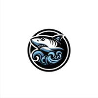 striking emblem features a powerful shark emerging from vibrant waves, set against a sleek black backdrop inside round badge design template vector