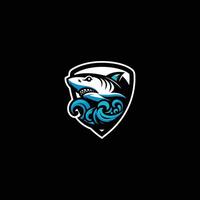striking emblem features a powerful shark emerging from vibrant waves, set against a sleek black backdrop that enhances its fierce character vector