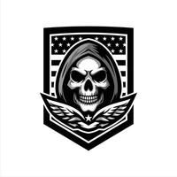 emblem showcases a fierce skull adorned with wings inside flag shield design template vector