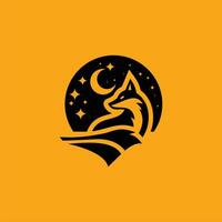 A striking silhouette of a fox sits gracefully, observing a crescent moon and sparkling stars in a bold yellow setting, conveying magic and wonder vector