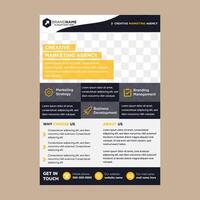 poster flyer pamphlet brochure cover design layout with square shape graphic element and space for photo collage background, dark blue, yellow, color scheme template in A4 size vector