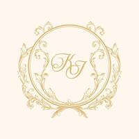 Elegant KJ initials in a circular, ornamental baroque frame with floral elements, classic and regal look, used for personal or wedding Invitation. vector