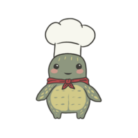 A cute turtle character wears a chef's hat and red scarf, smiling warmly cutouts png