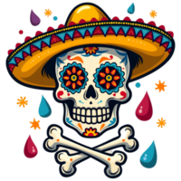A vibrant, decorated skull wearing a colorful sombrero is surrounded by splashes of bright colors. cutouts png