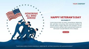 Veterans Day background with soldiers sticking a flag in the ground vector