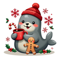 A seal holding a mug of hot chocolate and a gingerbread man png
