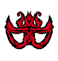 A red and black pixelated logo with a skull on it png