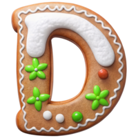 Gingerbread cookie shaped like letter D decorated with white icing, green flowers, and colorful dots, perfect for festive occasions and celebrations png