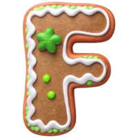Gingerbread cookie shaped like letter F, decorated with green and white icing, perfect for festive occasions and holiday celebrations png