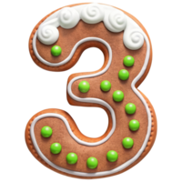 Gingerbread cookie shaped like number three, decorated with white icing and green candy dots, perfect for festive celebrations png