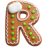 Gingerbread letter R decorated with green candies and white icing, perfect for festive occasions and holiday baking. This delightful treat adds playful touch to any celebration png
