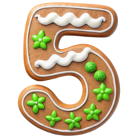 Gingerbread cookie shaped like number five, decorated with white icing and green candy flowers, perfect for festive celebrations and holiday baking png