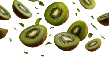 Ripe Kiwi Slices Floating and Falling in Mid-Air Isolated on transparent Background png