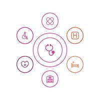 Medical health clinic line set. This set includes various elements such as doctor, stethoscope, laboratory, heart, pulse and etc. vector