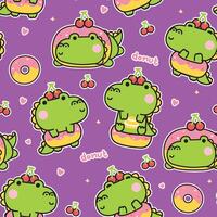 Seamless pattern of cute crocodile donut mascot with cherry background.Reptile animal character cartoon design.Bakery and dessert sweet.Kawaii.Illustration. vector