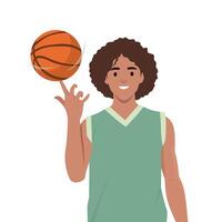 Basketball player spinning, rotating, swirling ball on finger. vector